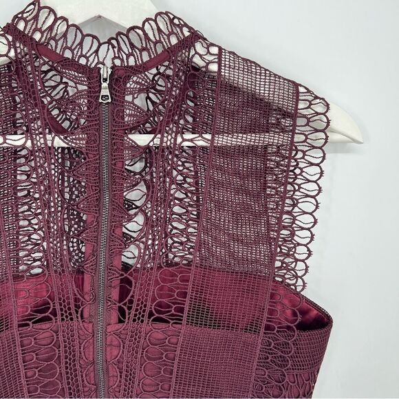 Bardot Mariana Dress in Burgundy Lace Overlay Crochet Cut Out High Neck 4 - Picture 8 of 13